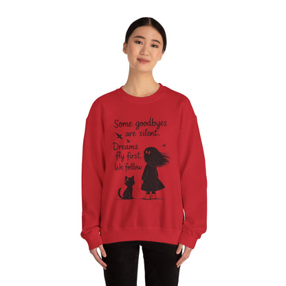 Cozy Farewell Girl & Cat Pullover, Hand Drawn Red Dress Art, Minimalist Womens Crewneck
