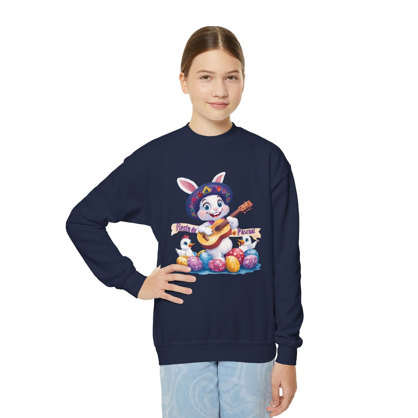 Fiesta de Pascua Bunny Sweatshirt - Mexican Easter Crewneck for Kids, Cute Spring Gift with Guitar Playing Bunny and Colorful Eggs