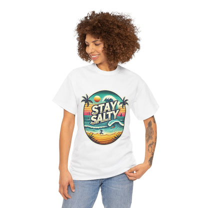 Stay Salty Retro Surf Unisex Heavy Cotton Tee, Vintage Beach Sunset Graphic T-Shirt, Summer Ocean Wave Surfer Shirt, Ocean Lover Gift