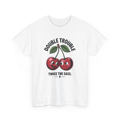 Double Trouble Cherry Graphic Tee, Funny Cute Womens T-Shirt, Twice the Sass Quote Shirt, Sassy Cherry Cartoon Gift