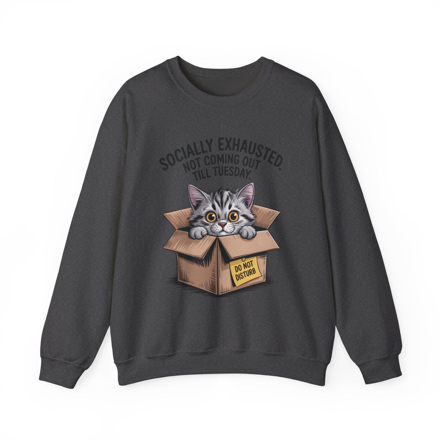 Socially Exhausted Cat Sweatshirt, Funny Cat Crewneck, Gift for Cat Lovers, Cozy Unisex Pullover, Weekend Comfort Apparel