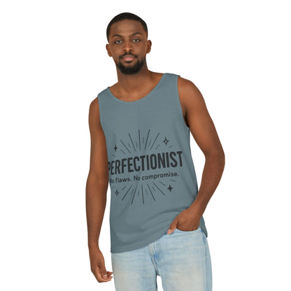 Mens Perfectionist Tank Top, No Flaws No Compromise, Minimal Bold Graphic Tee, Gift for OCD, Clean Freak, or Detail-Oriented Men