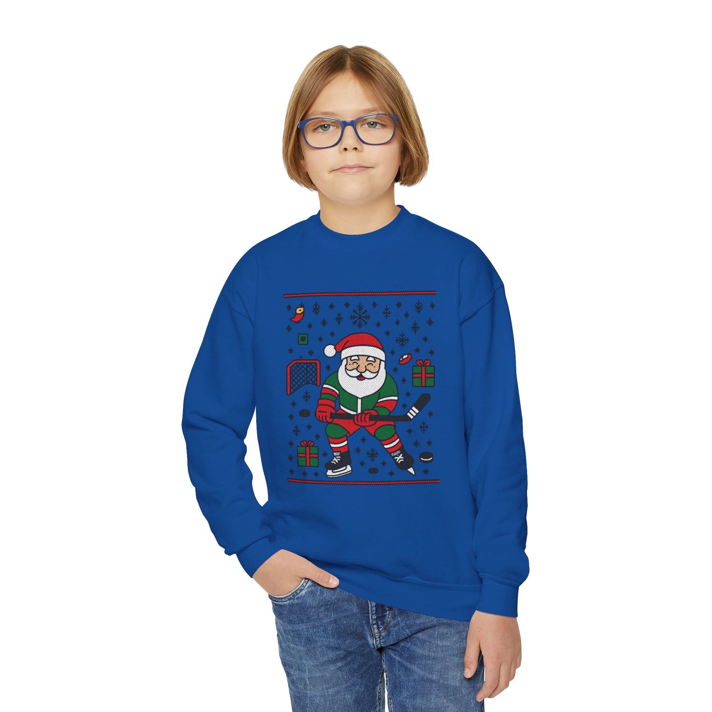 Hockey Santa Youth Christmas Sweatshirt, Funny Sports Holiday Jumper for Boys