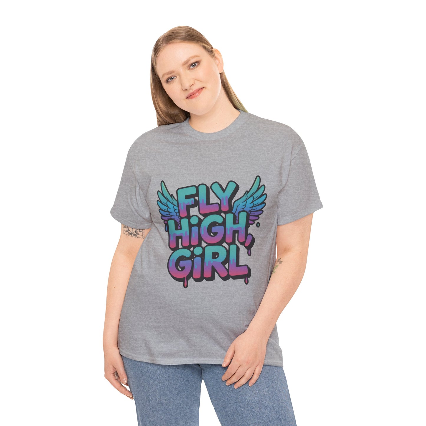 Womens Graphic Tee Fly High Girl, Angel Wings Graffiti Drip T-Shirt, Bold Streetwear Top