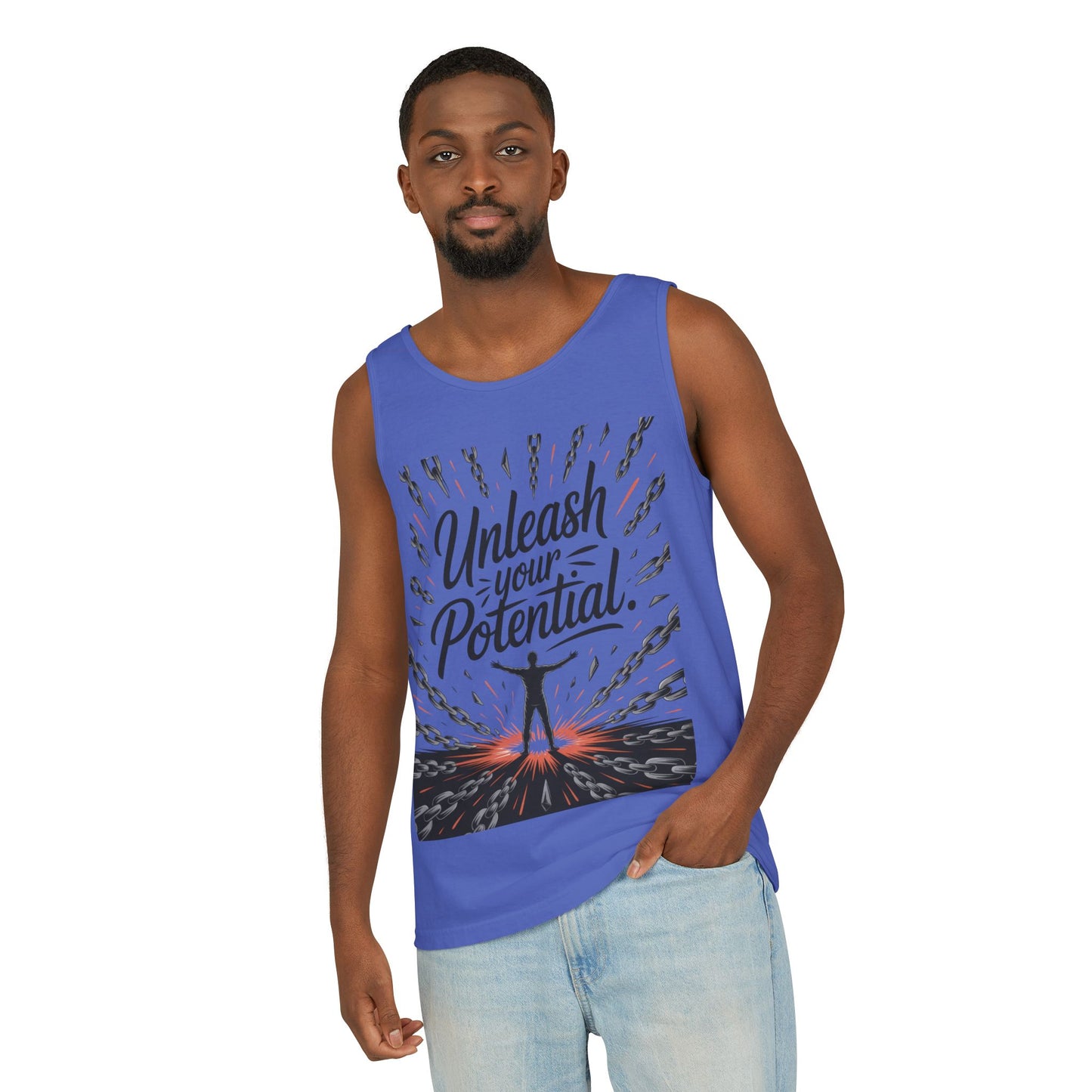 Men's Motivational Tank Top, "Unleash Your Potential" Graphic, Inspirational Gym Wear, Fitness Apparel, Summer Top, Gift for Him