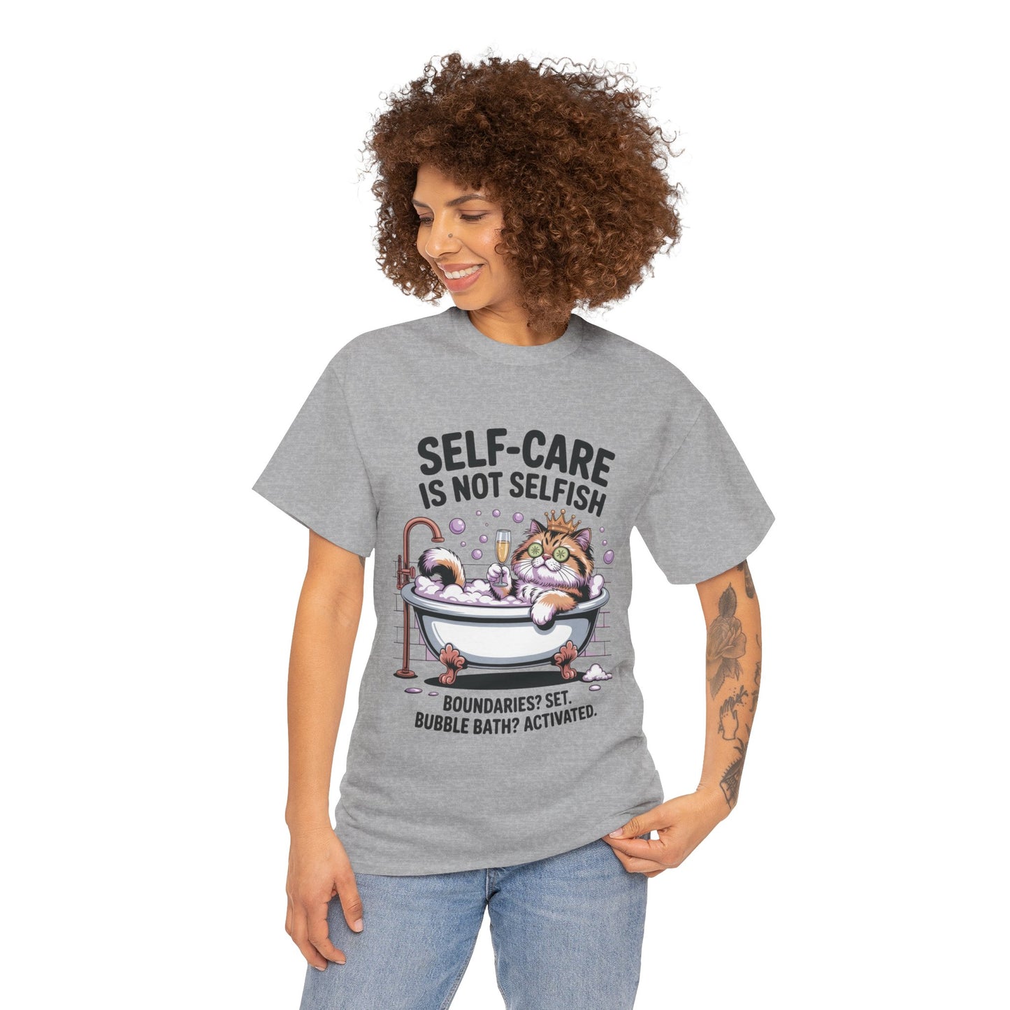 Womens Heavy Cotton Tee, Self-Care Cat Shirt, Funny Cat Bubble Bath Tee, Relaxing Kitty Graphic, Self Care Is Not Selfish Womens T-Shirt