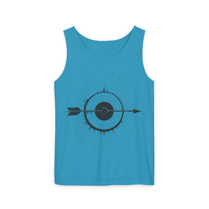 Mens Garment-Dyed Tank Top with Target Arrow Design, Casual Wear, Summer Essentials, Gym Wear, Gifts for Archery Lovers