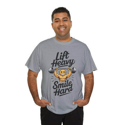 Mens Lift Heavy Smile Hard T-Shirt, Funny Gym Workout Graphic Tee, Mens Gym Tshirt