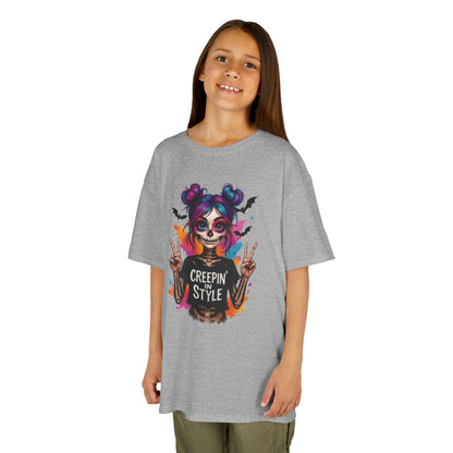 Creepin' in Style Kids Halloween T-Shirt, Colorful Skeleton Girl Design, Cute Spooky Shirt for Trendy Girls