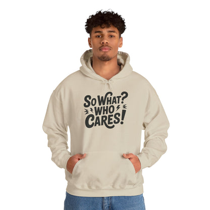 So What? Who Cares! Funny Mens Hoodie, Bold Statement Design, Lightning Graphic Pullover, Rebellious Urban Humor, Funny Streetwear