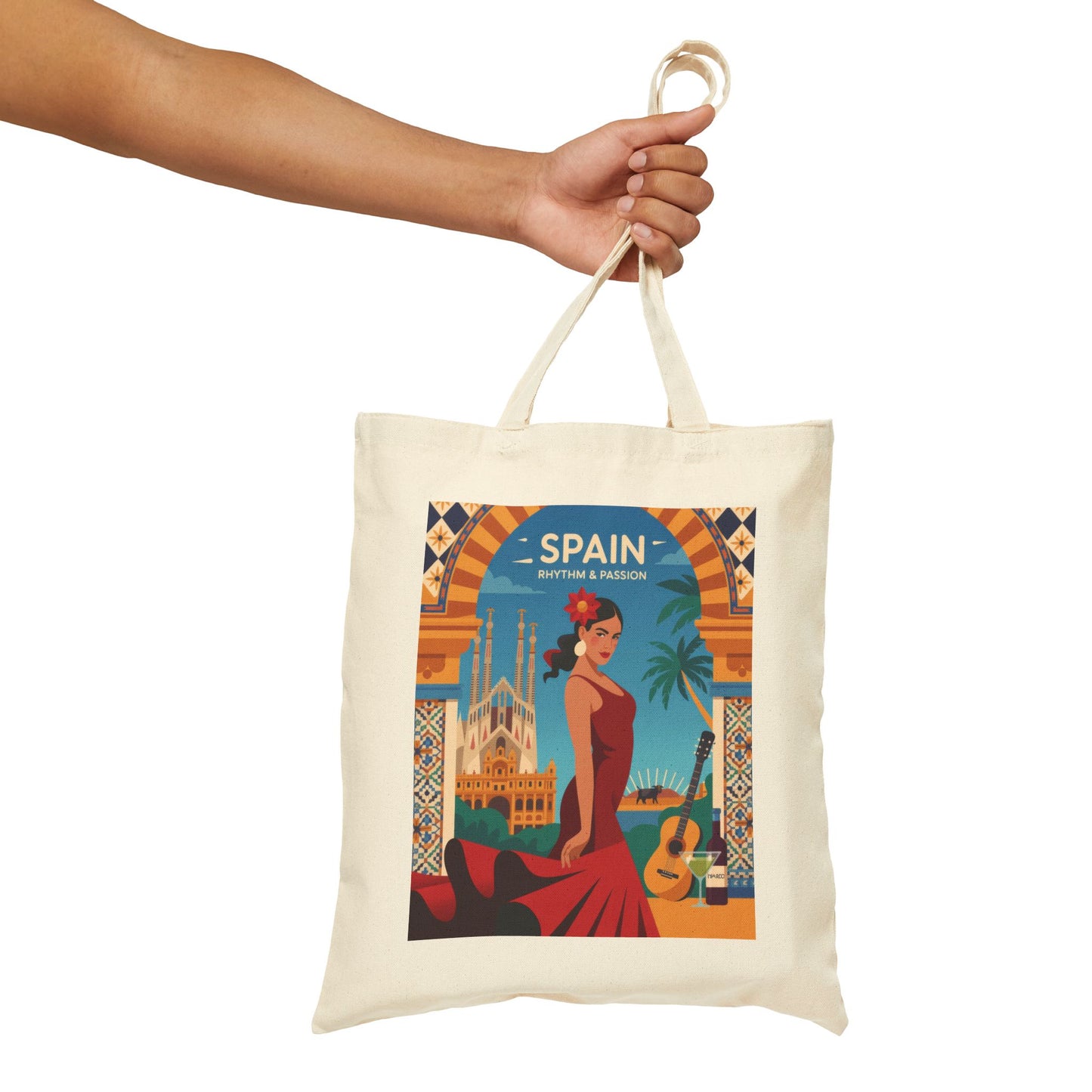 Spanish Rhythm Canvas Tote Bag, Eco-Friendly Shopper, Travel Essentials, Gift for Travelers, Sustainable Fashion