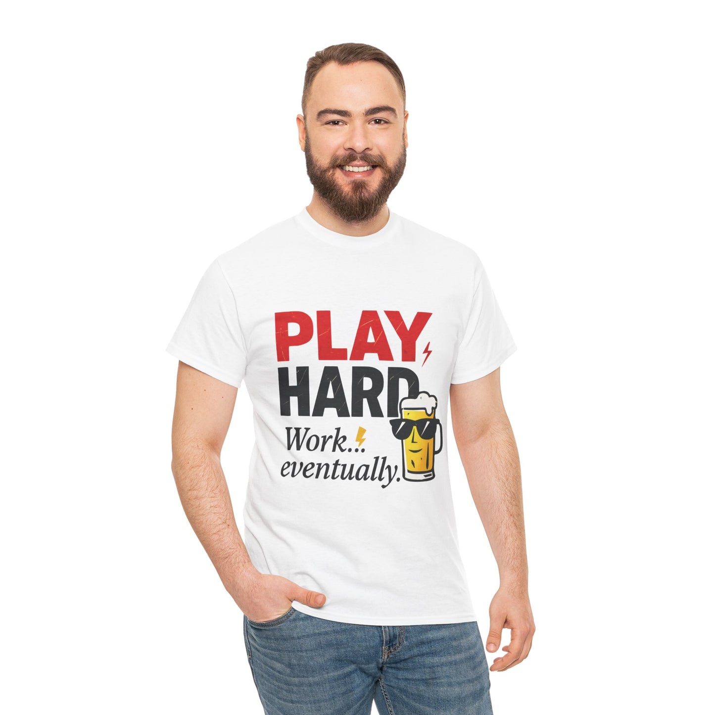 Play Hard Mens Heavy Cotton Tee, Perfect for Beer Lovers, Casual Hangouts, Parties, Gifts, and Relaxed Days