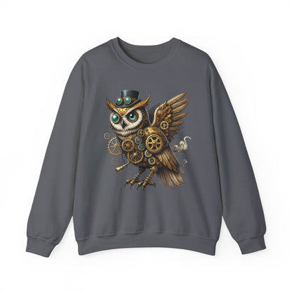 Steampunk Owl Unisex Crewneck Sweatshirt, Vintage Mechanical Gears Fantasy Bird Graphic Pullover, Gift for Owl Lovers