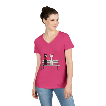 Cute Cat Lovers V-Neck T-Shirt, Casual Wear, Gift for Her, Pet Lovers, Best Friend Gift, Cute Cat Design, Valentine's Day, Cat Love