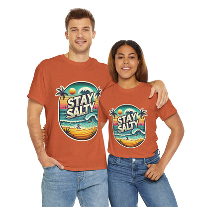 Stay Salty Retro Surf Unisex Heavy Cotton Tee, Vintage Beach Sunset Graphic T-Shirt, Summer Ocean Wave Surfer Shirt, Ocean Lover Gift