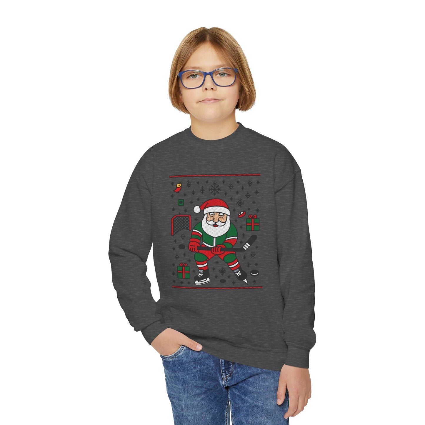 Hockey Santa Youth Christmas Sweatshirt, Funny Sports Holiday Jumper for Boys