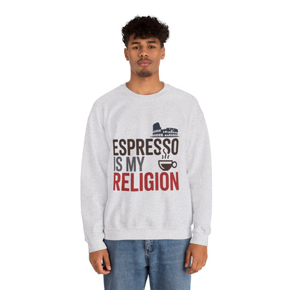 Mens Heavy Blend™ Crewneck Sweatshirt, Espresso Is My Religion Coffee Rome Mens Sweatshirt, Barista Gift, Coffee Lover Gift