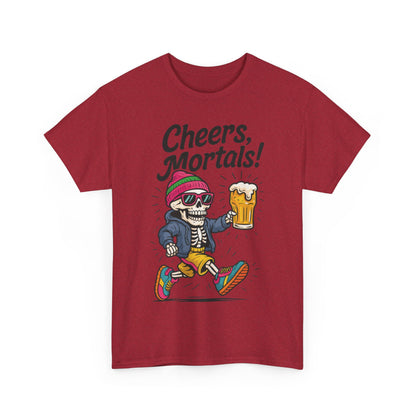 Cheers, Mortals! Mens Tee, Funny Skeleton Beer Graphic Tee, Cool Drinking Humor Shirt, Party Gift for Him, Halloween Tee,  Beer Lovers Gift