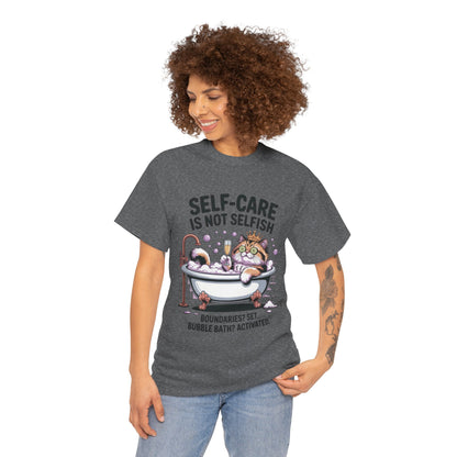 Womens Heavy Cotton Tee, Self-Care Cat Shirt, Funny Cat Bubble Bath Tee, Relaxing Kitty Graphic, Self Care Is Not Selfish Womens T-Shirt