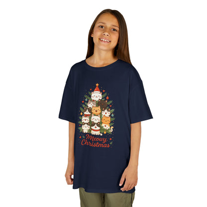 Youth Meowy Christmas Cat T-Shirt, Cute Kids Holiday Kitty Tee