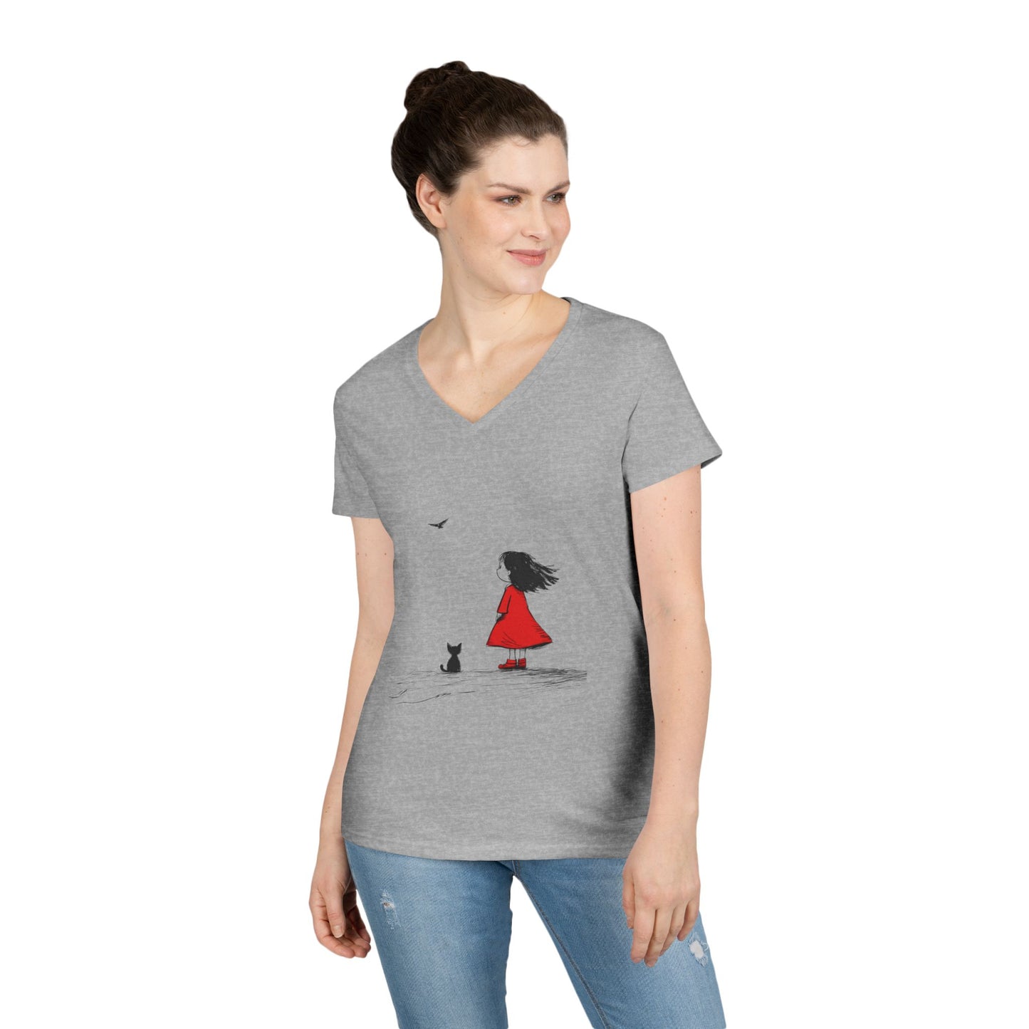 Whimsical V-Neck T-Shirt for Dreamers, Cute Graphic Tee, Animal Lovers Shirt, Stylish Casual Wear, Gifts for Her, Cat Lover T-Shirt