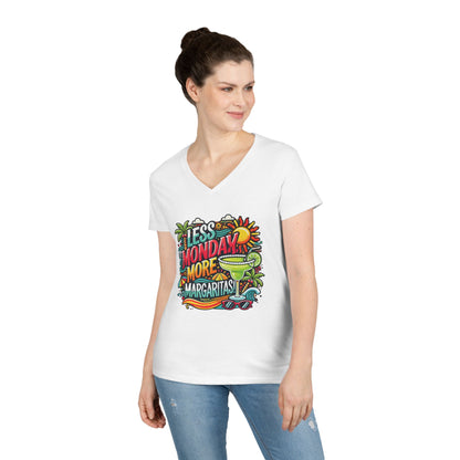 Less Monday More Margaritas Ladies' V-Neck T-Shirt, Funny Summer Cocktail Shirt, Tropical Vacation Tee for Women, Party Tee, Weekend Vibes