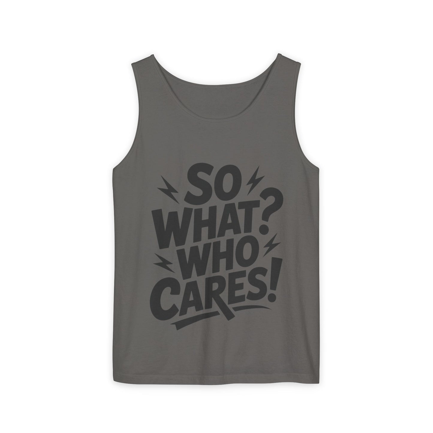 Mens Tank Top, "So What? Who Cares!", Casual Summer Wear, Beach Trip, Festival Outfit, Lightning Print, Sarcastic Summer Tee, Gym Tank
