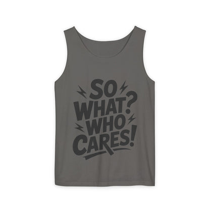 Mens Tank Top, "So What? Who Cares!", Casual Summer Wear, Beach Trip, Festival Outfit, Lightning Print, Sarcastic Summer Tee, Gym Tank