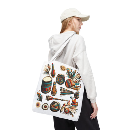 Boho Tribal Music Tote Bag, Ethnic Percussion Instrument Art, Festival Vibes, Shopping Bag, Bohemian Tote, Weekender Bag, Beach Bag, Large Canvas Bag
