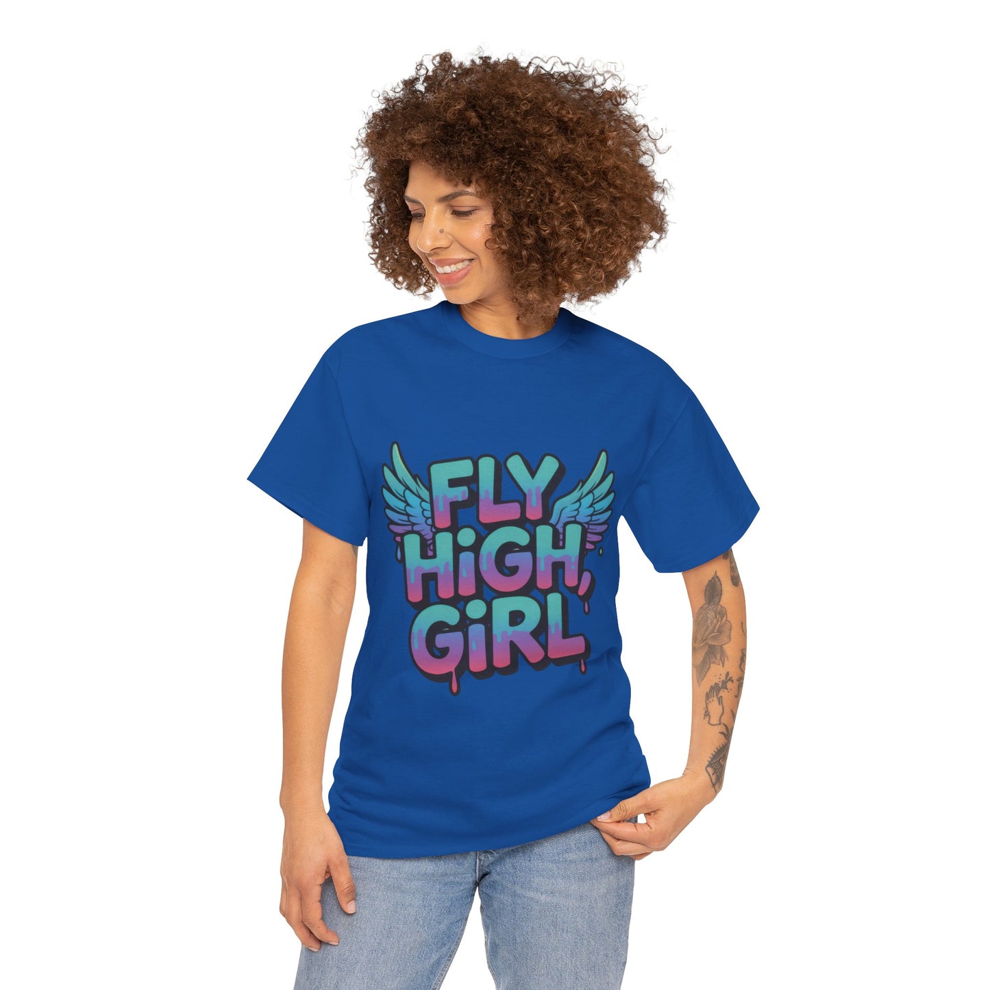 Womens Graphic Tee Fly High Girl, Angel Wings Graffiti Drip T-Shirt, Bold Streetwear Top