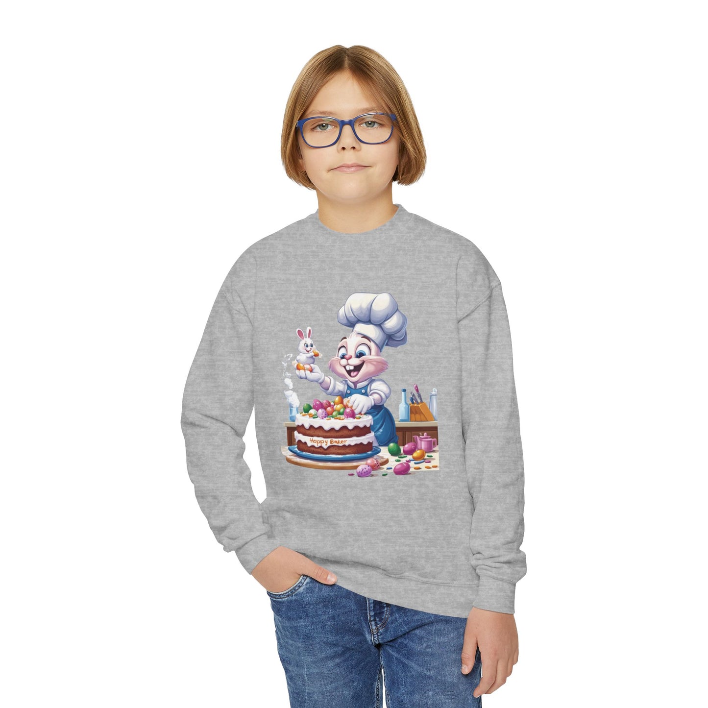 Hoppy Baker Easter Bunny Youth Sweatshirt - Cute Spring Crewneck for Kids with Chef Bunny and Cake, Fun Holiday Gift for Easter Lovers