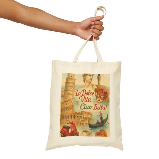 La Dolce Vita Cotton Canvas Tote Bag, Chic Eco-Friendly Shopper, Ciao Bella Gift, Italian Travel Accessory, Vintage Art Tote, Market Bag