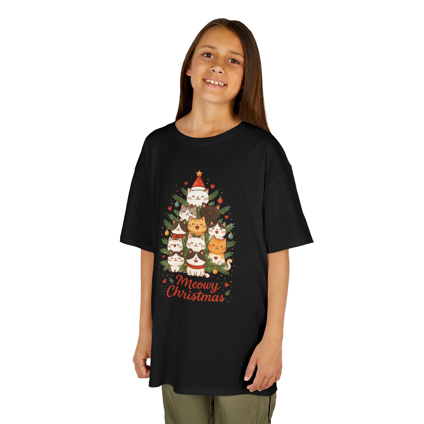 Youth Meowy Christmas Cat T-Shirt, Cute Kids Holiday Kitty Tee
