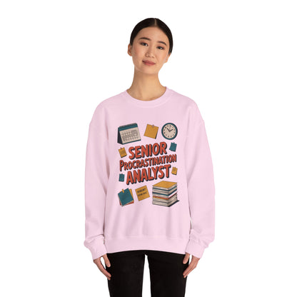 Senior Procrastination Analyst Sweatshirt, Gift for Graduates, Office Humor Apparel, Meme Sweatshirt, Casual Wear, Motivation Humor Apparel