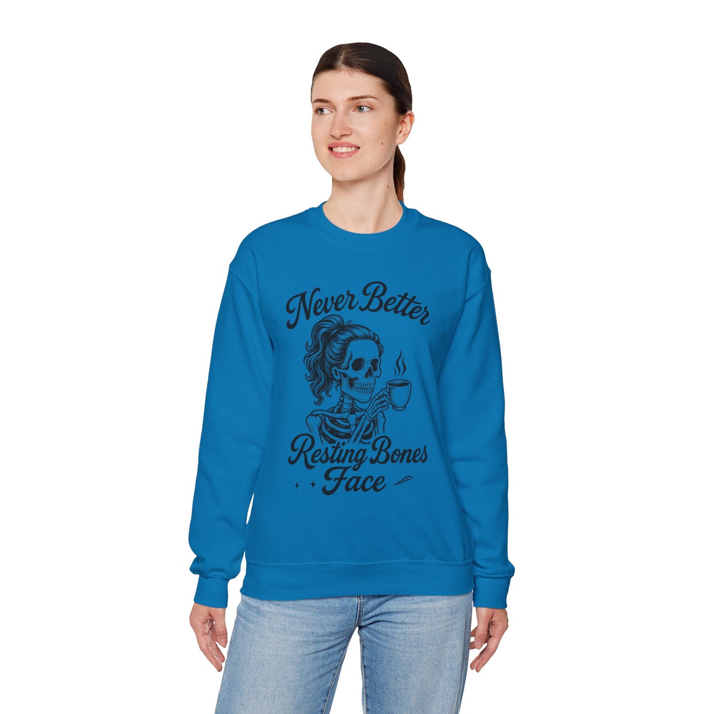 Skull Coffee Lovers Crewneck Sweatshirt, Womens, Perfect for Halloween, Cozy Outfit, Gift for Friends, Relaxing Days, Coffee Enthusiasts