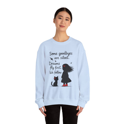 Cozy Farewell Girl & Cat Pullover, Hand Drawn Red Dress Art, Minimalist Womens Crewneck