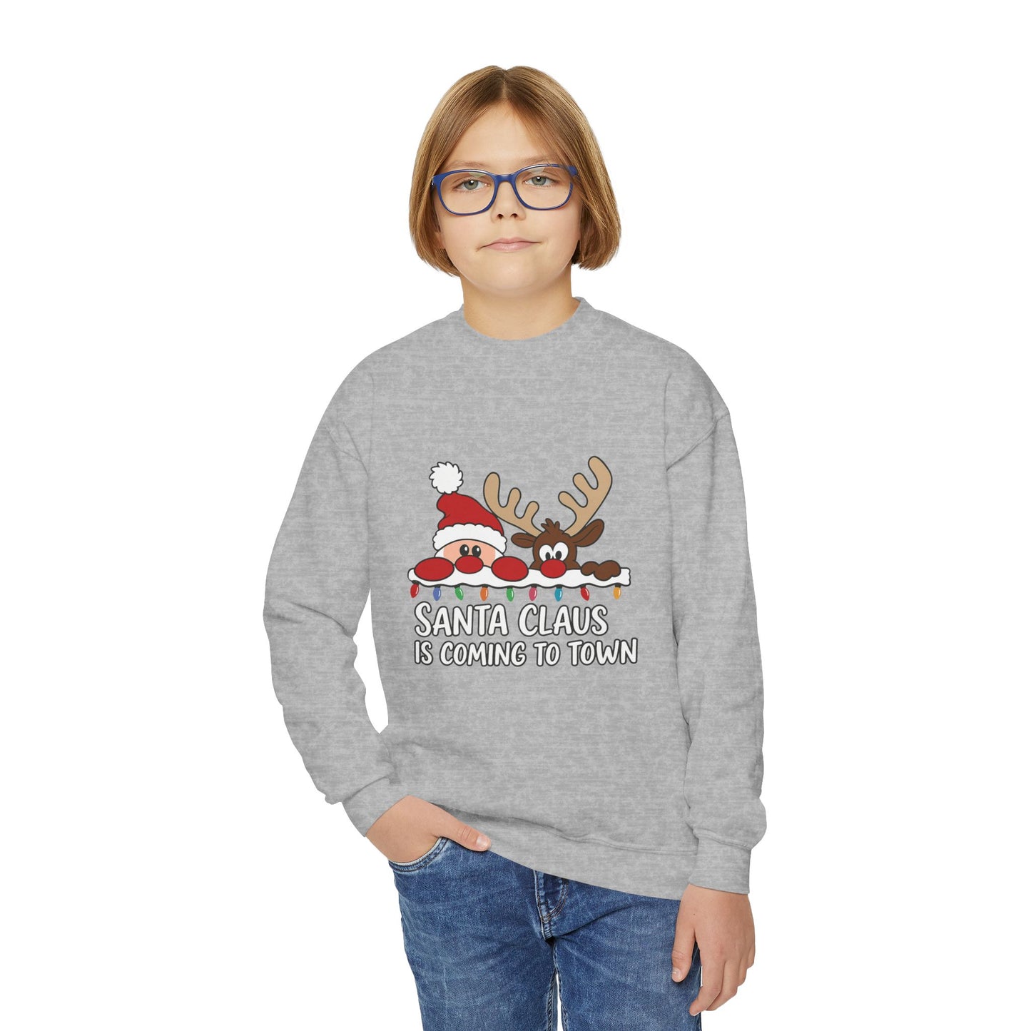 Santa Claus Is Coming to Town Kids Christmas Sweatshirt, Cute Santa - Reindeer Holiday Jumper
