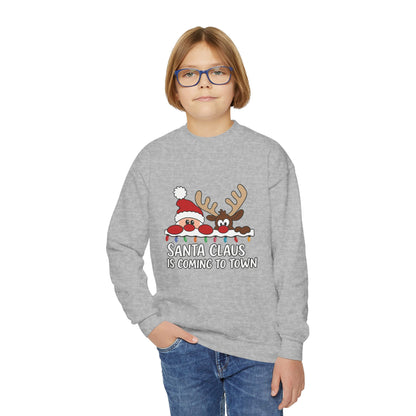 Santa Claus Is Coming to Town Kids Christmas Sweatshirt, Cute Santa - Reindeer Holiday Jumper