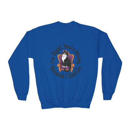 Youth Crewneck Sweatshirt, Funny Cat Sweatshirt for Girls, Im Right Youre Wrong, Tween Girl Attitude Pullover, Cute Gift for Cat Lovers