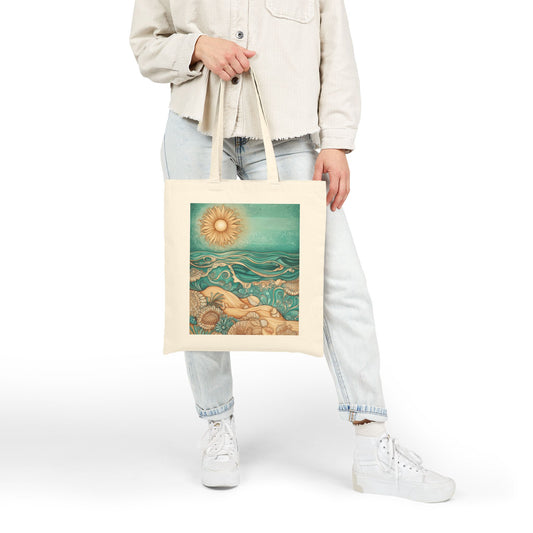 Beach Vibes Cotton Canvas Tote Bag - Sun & Ocean Design