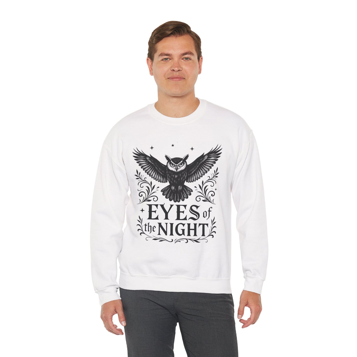 Eyes of the Night Owl Sweatshirt, Mens Dark Gothic Sweatshirt, Mysterious Owl Graphic Pullover, Forest Bird of Night Design, Halloween Gift