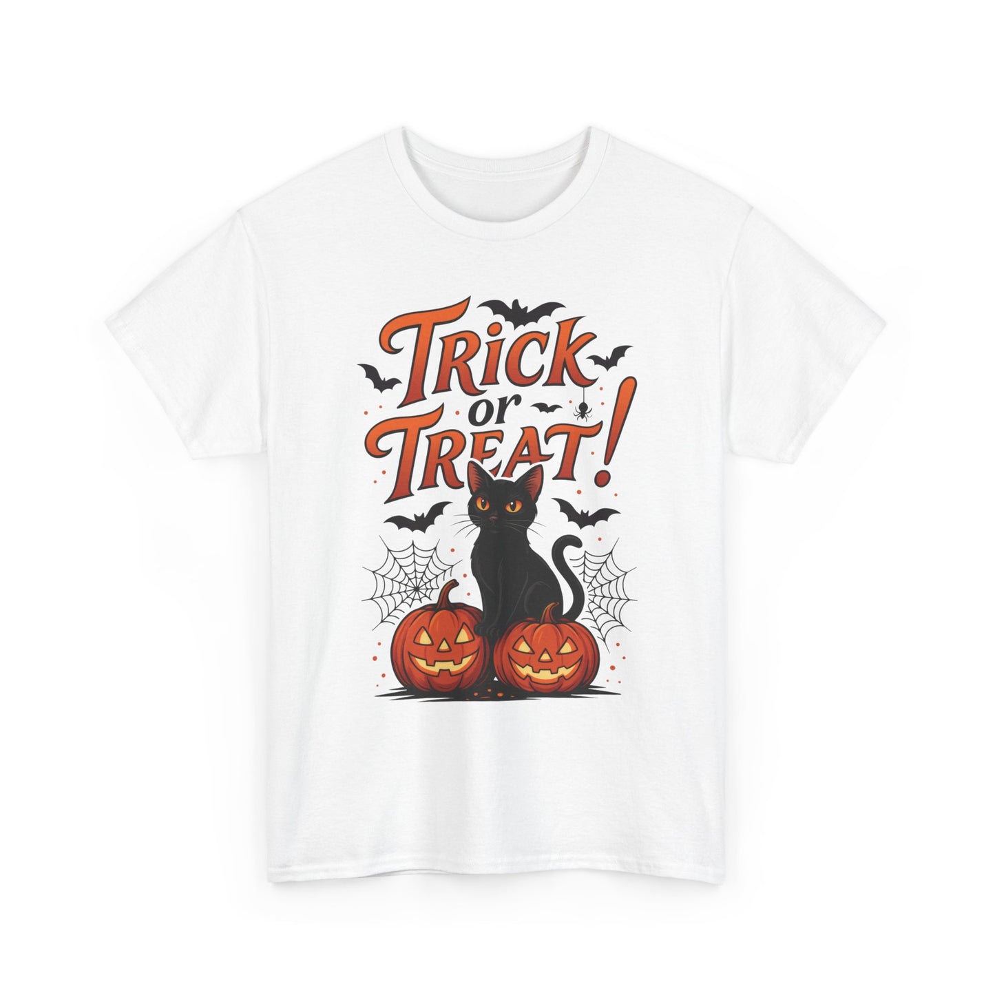 Trick or Treat Black Cat Halloween T-Shirt for Women, Spooky Cute Pumpkin Cat Tee, Fall Halloween Outfit Gift, Vintage Witchy Top