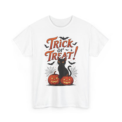 Trick or Treat Black Cat Halloween T-Shirt for Women, Spooky Cute Pumpkin Cat Tee, Fall Halloween Outfit Gift, Vintage Witchy Top