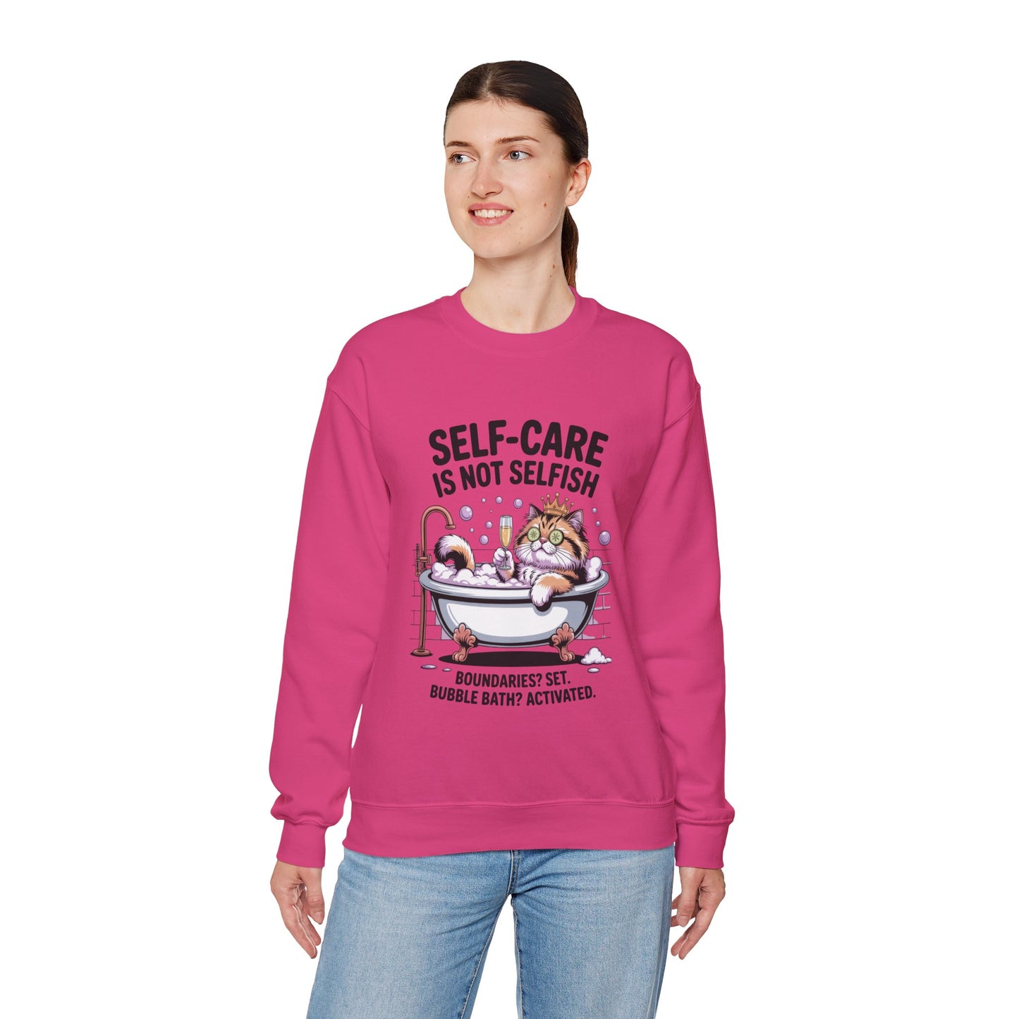 Womens Crewneck Sweatshirt, Self-Care Cat Shirt, Funny Cat Tee, Relaxing Kitty Graphic, Self Care Is Not Selfish Womens Sweatshirt