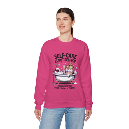 Womens Crewneck Sweatshirt, Self-Care Cat Shirt, Funny Cat Tee, Relaxing Kitty Graphic, Self Care Is Not Selfish Womens Sweatshirt