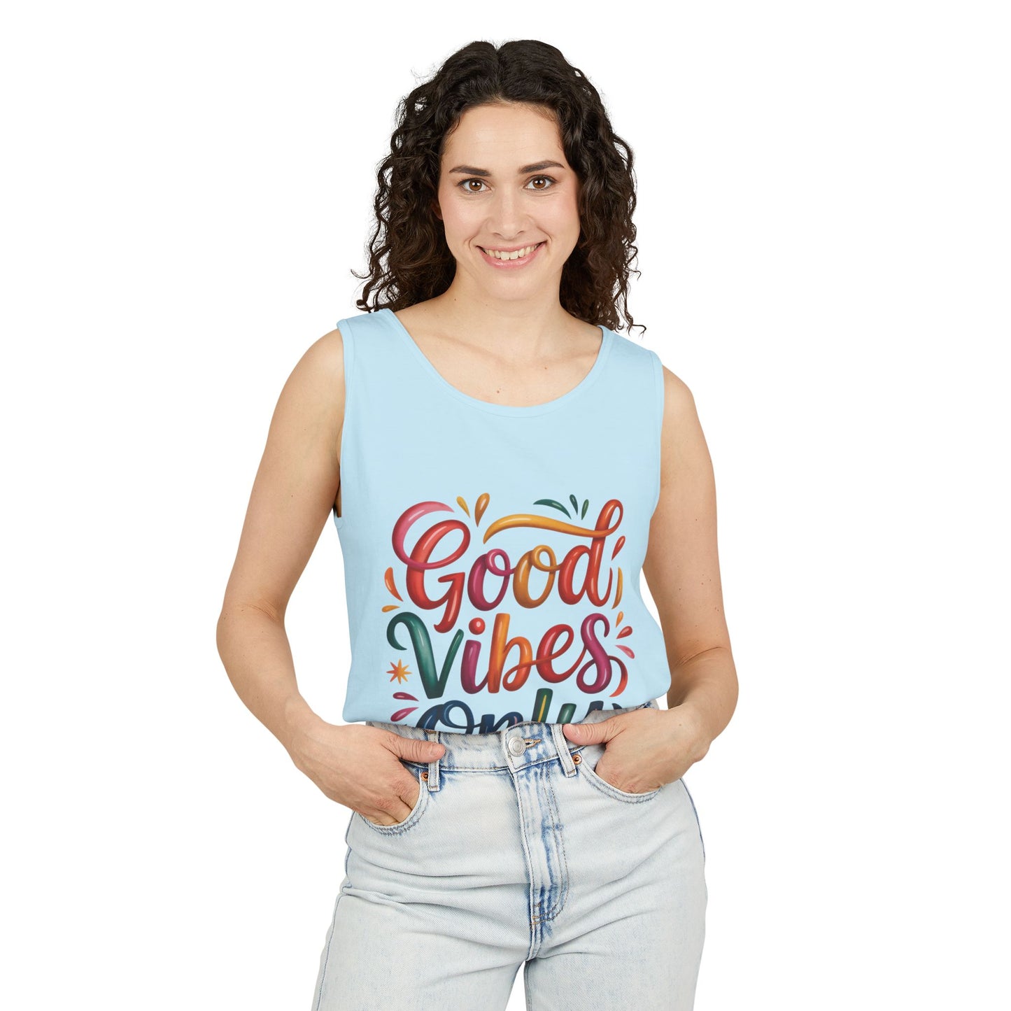 Good Vibes Only Unisex Garment-Dyed Tank Top, Summer Casual Wear, Festival Outfit, Beach Day Tee, Gift for Friends, Positive Vibes Apparel