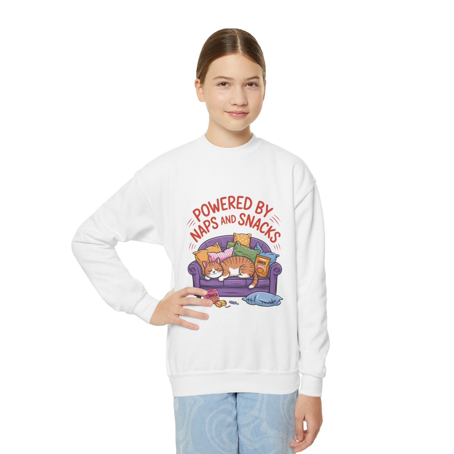 Youth Sweatshirt - Powered by Naps and Snacks, Cozy Apparel for Kids, Perfect for Chill Days, Gift for Cat Lovers, Funny Sweatshirt