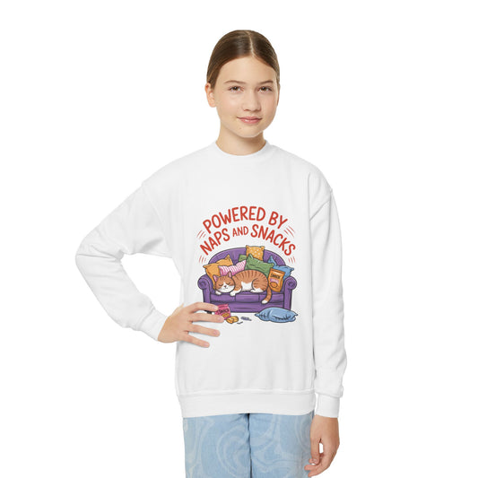 Youth Sweatshirt - Powered by Naps and Snacks, Cozy Apparel for Kids, Perfect for Chill Days, Gift for Cat Lovers, Funny Sweatshirt
