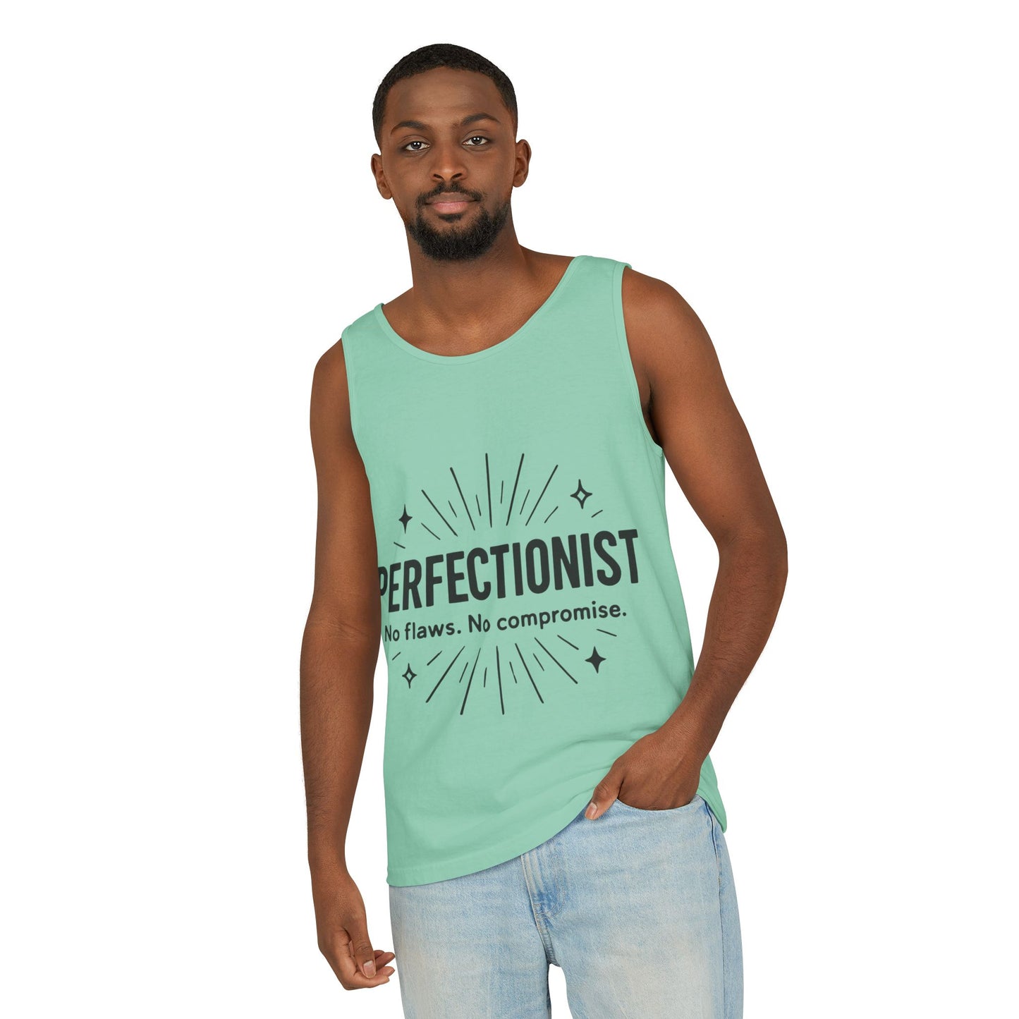 Mens Perfectionist Tank Top, No Flaws No Compromise, Minimal Bold Graphic Tee, Gift for OCD, Clean Freak, or Detail-Oriented Men