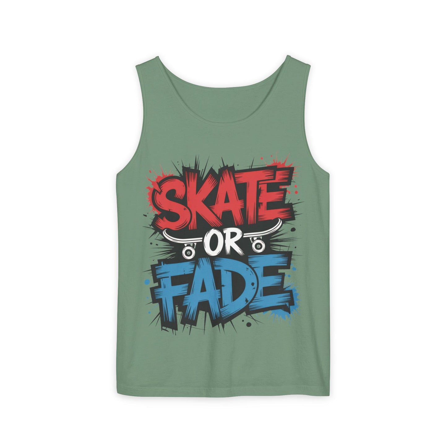 Skate Or Fade Men's Tank Top, Graffiti Skateboard Graphic Muscle Shirt, Urban Streetwear Sleeveless Top, Men's Garment-Dyed Tank Top